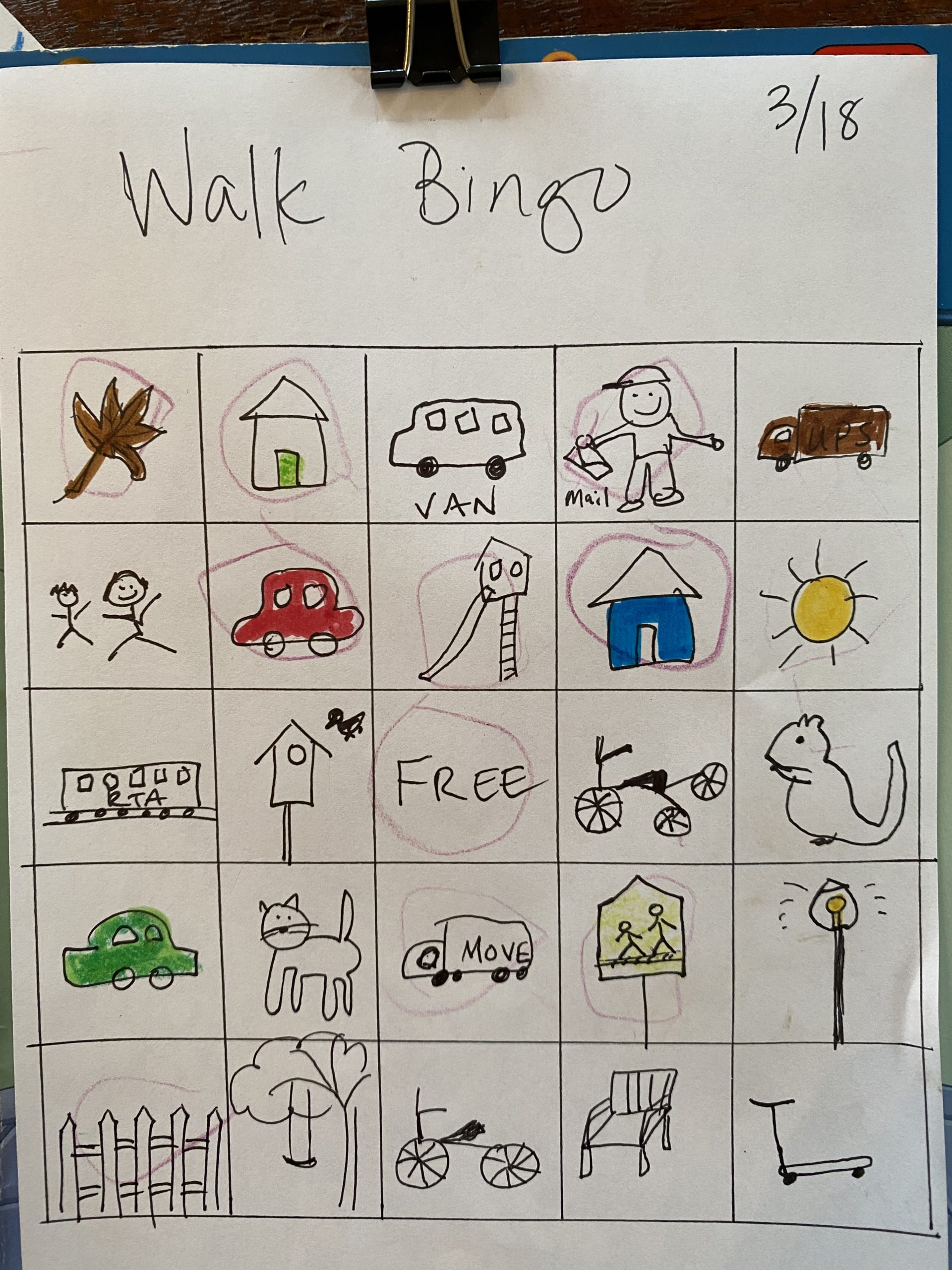 A bingo board showing neighborhood objects