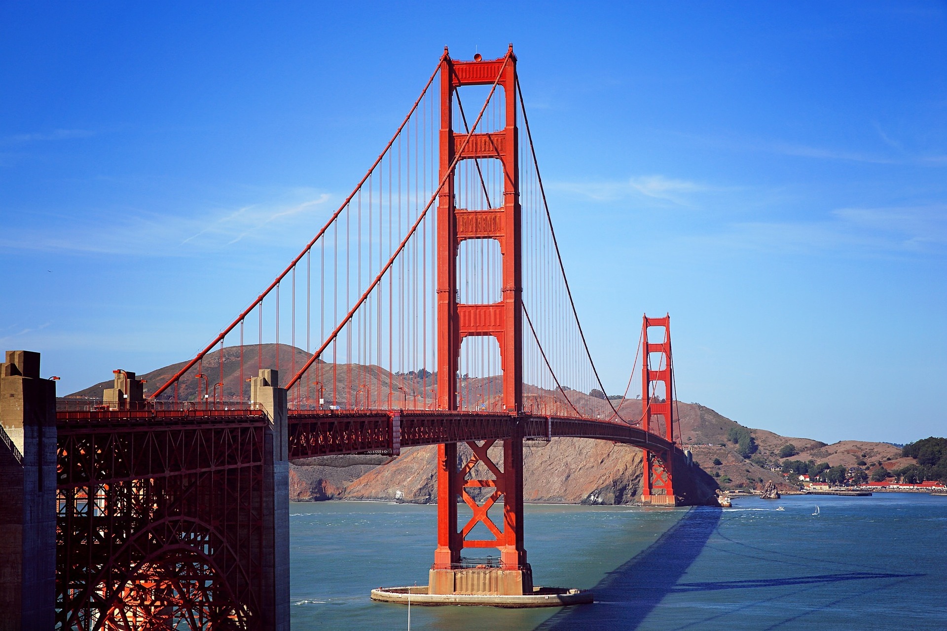 A view of the Golden Gate Bridge with blue sky in the background